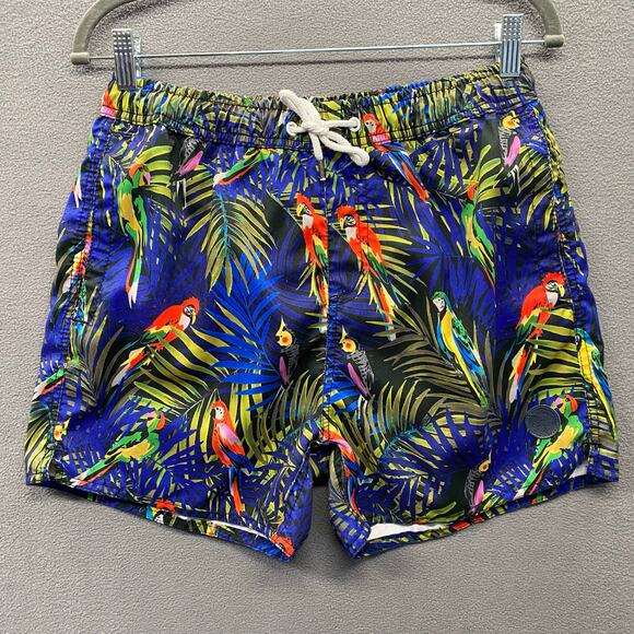 Native Youth Swim Trunks Shorts Mens 32 Blue Tropical Macaw Parrot Bird Pockets - Picture 1 of 14